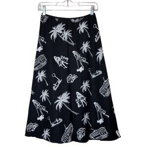 Six Degrees Tropical Linen A-Line Midi Skirt Black White Elastic Waist S